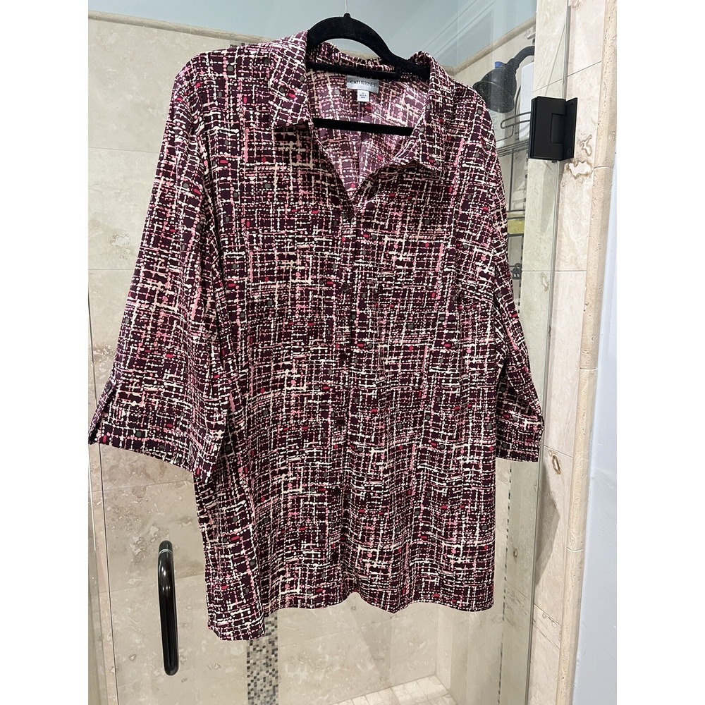 Catherines Women 3X 26/28W Tan Purple Pink Abstract Button Down 3/4 Sleeve Shirt